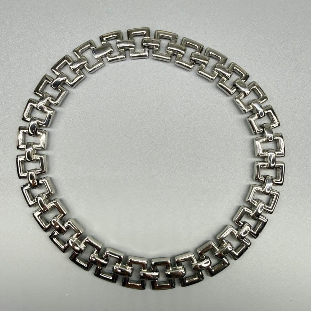 Vintage Chunky Silver Tone Choker Necklace Square Link 16" Heavy Bold Statement - Picture 4 of 11
